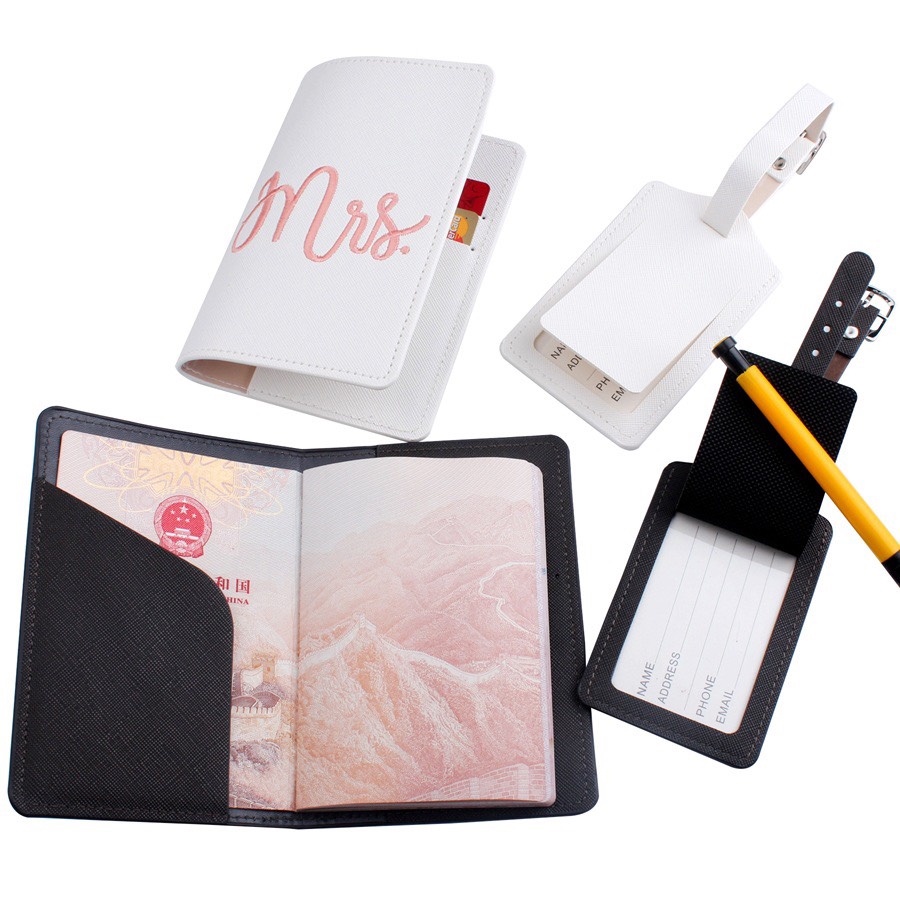 Bộ Combo Bao Da Hộ Chiếu Passport Và Thẻ Hành Lý Thêu Tên Mr &amp; Mrs - Shine House