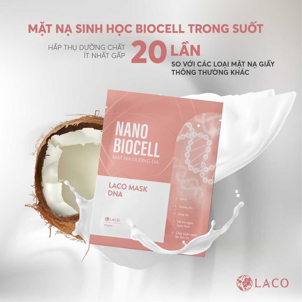 Mặt nạ sinh học Nano Biocell _ Nước dừa tươi lên men kết hợp DNA và tinh chất  Thông Đỏ mờ nám, sáng hồng, cấp ẩm