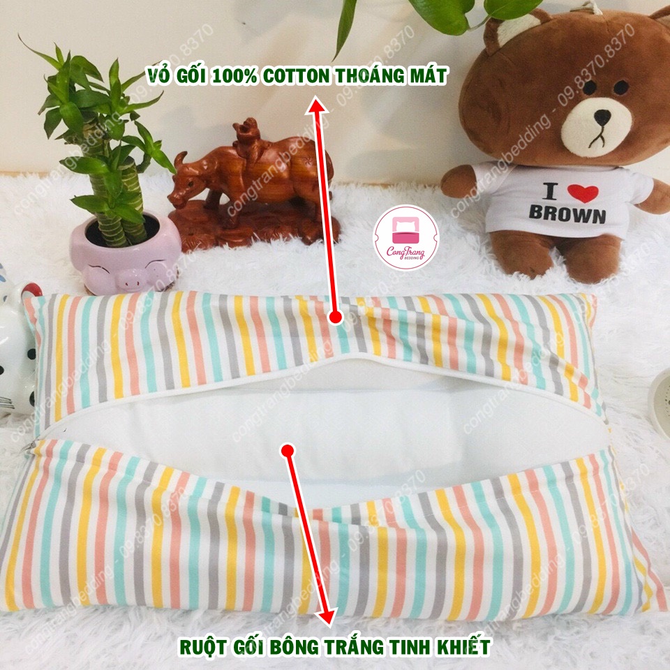 Gối đầu Massage Hoạ tiết con bò cho bé đi học, đi lớp vải cotton hoạt hình bông trắng An Toàn 100% - Size 35cm x 50cm