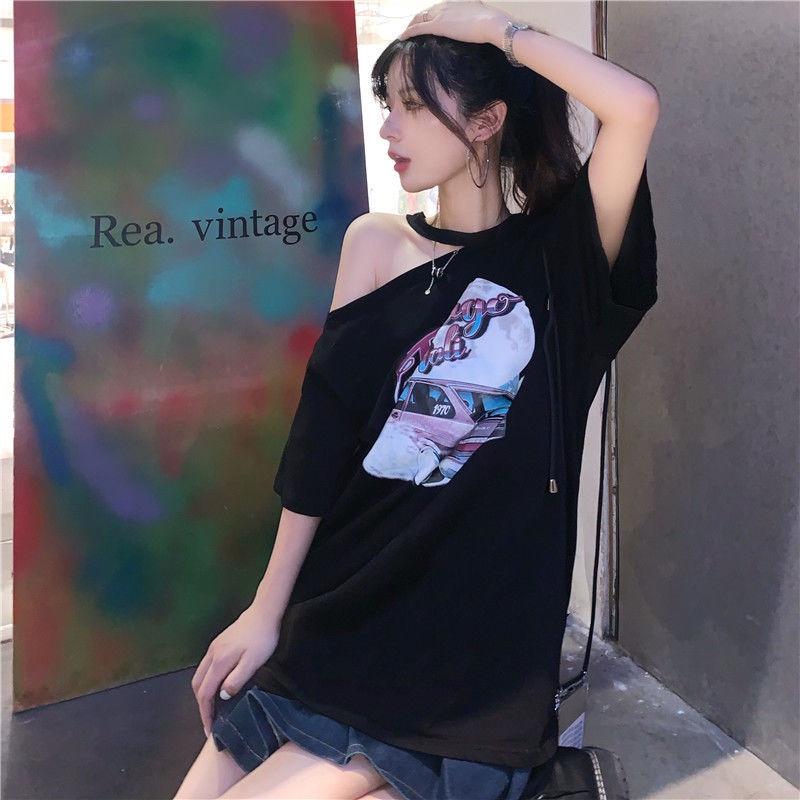 Áo Thun COZOK Tay Ngắn Dáng Rộng Trễ Vai In Họa Tiết Kiểu retro Cá Tính