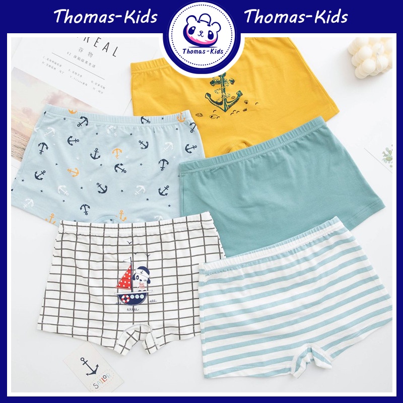 [THOMAS KIDS] 3-12 tuổi Đồ lót Boxer trẻ em 5 chiếc / Bộ 100% cotton Cartoon Ocean Series Mẫu Quần lót Boxer Đồ lót cho bé trai Bán buôn