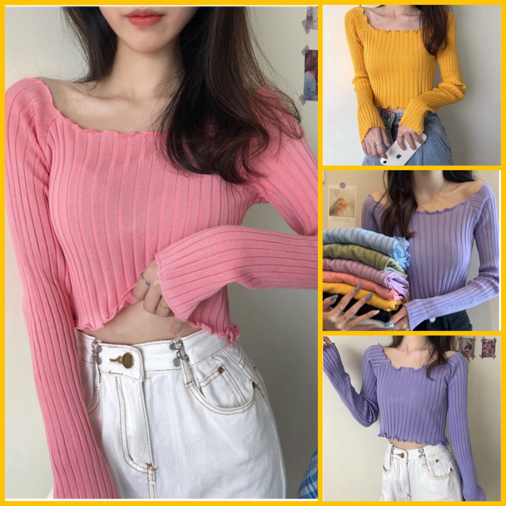 Áo Croptop Kiểu Nữ Trễ Vai Thun Gân Len Tăm Tay Dài Style Dễ thương 🎀 By bear.story | BigBuy360 - bigbuy360.vn