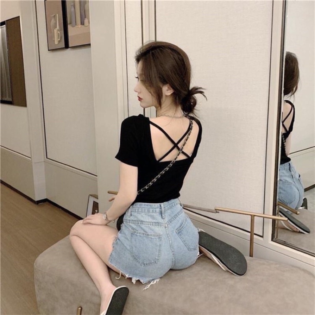 Áo croptop tay ngắn hở lưng chéo dây sexy gợi cảm