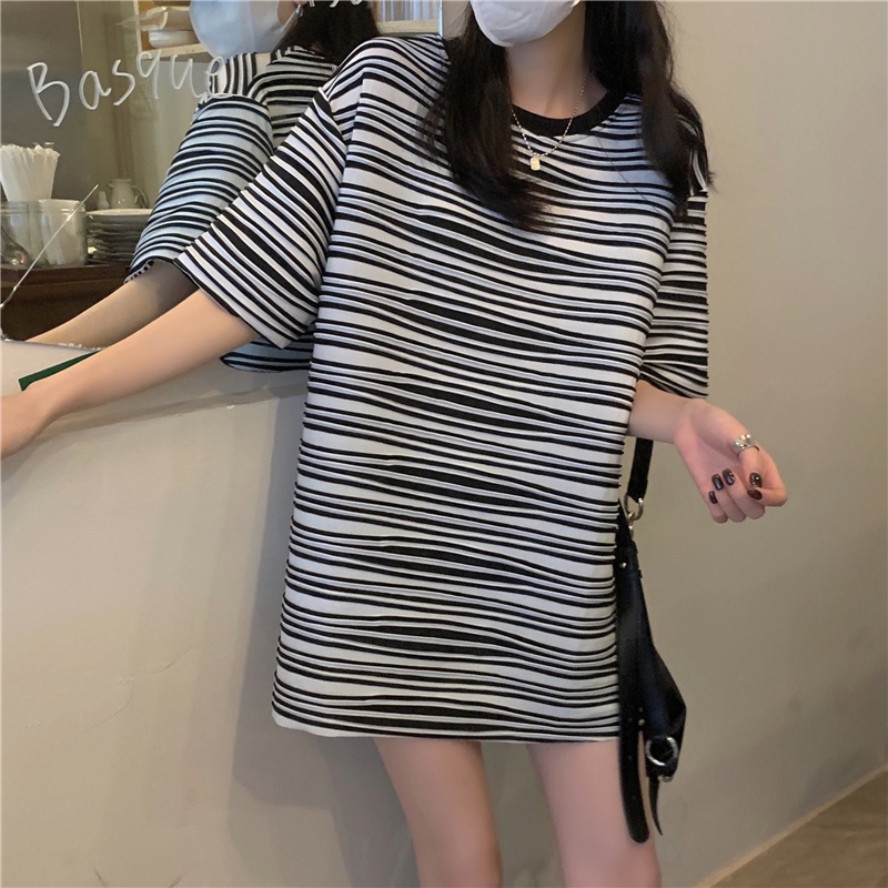 Áo thun SUXI ngắn tay cổ tròn họa tiết kẻ sọc đơn giản phong cách cổ điển dễ phối đồ thời trang mùa hè cho nữ