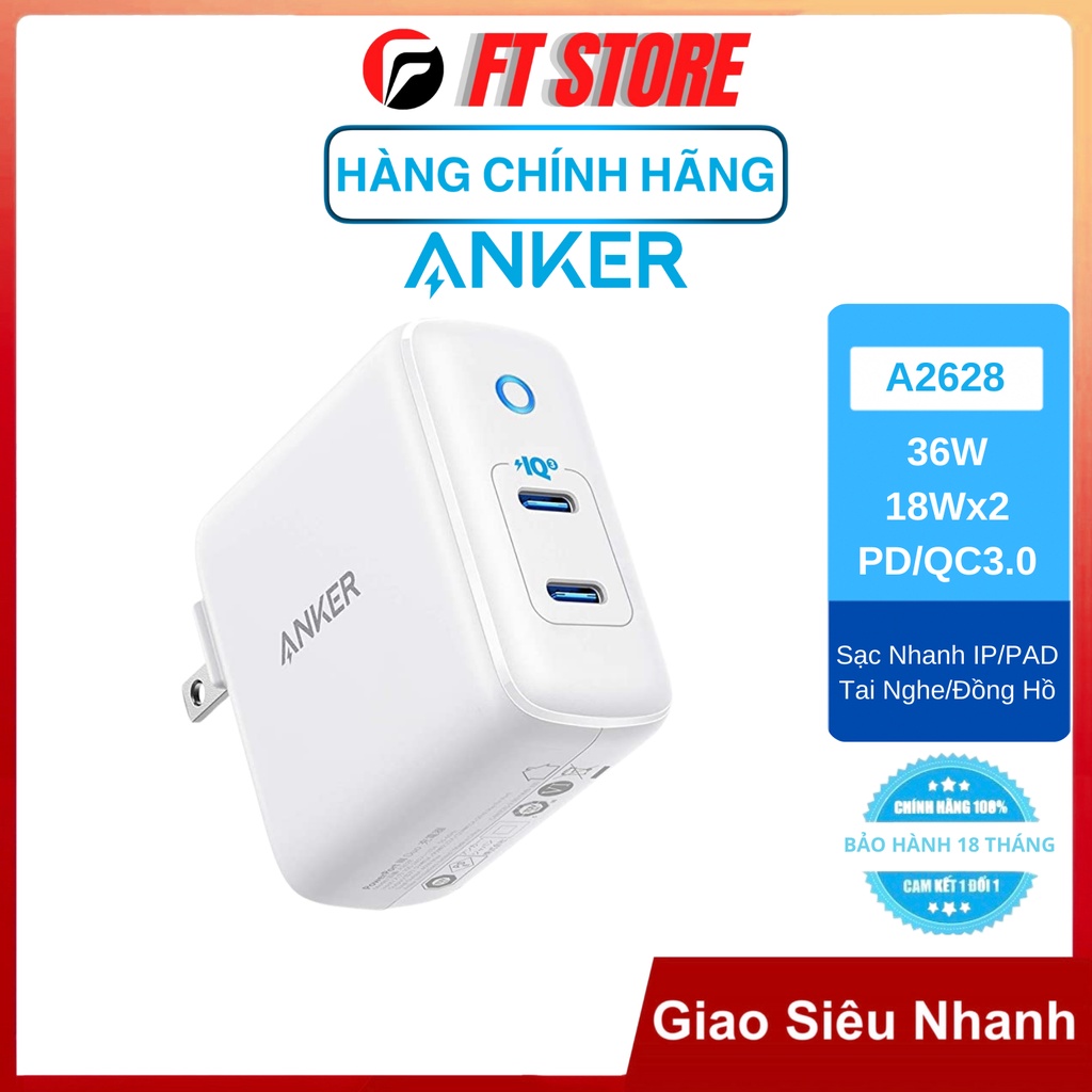 Sạc Anker PowerPort III Duo 36W 2 cổng PIQ 3.0 - A2628