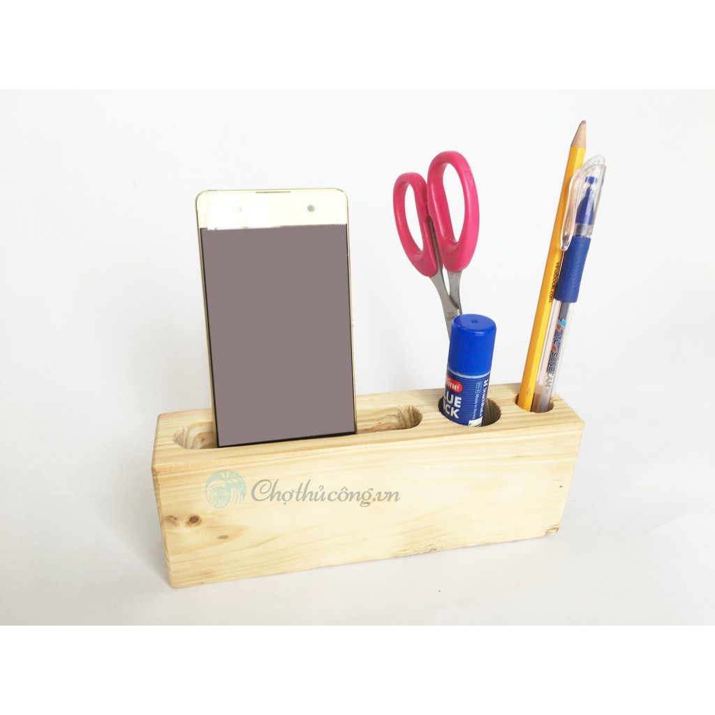 Hộp cắm bút gỗ tự nhiên kết hợp khay để điện thoại