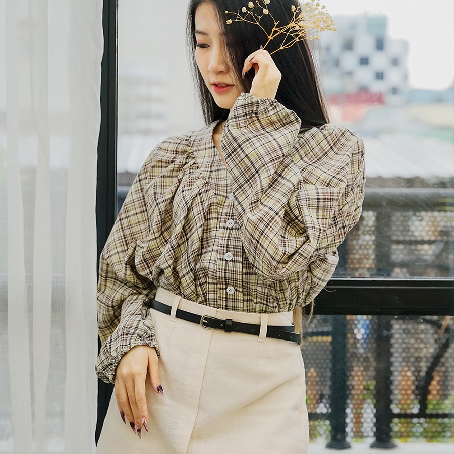 Áo Blouses Vải Chun Sọc Caro ENVYLOOK Sherring Check Blouse GomiMall