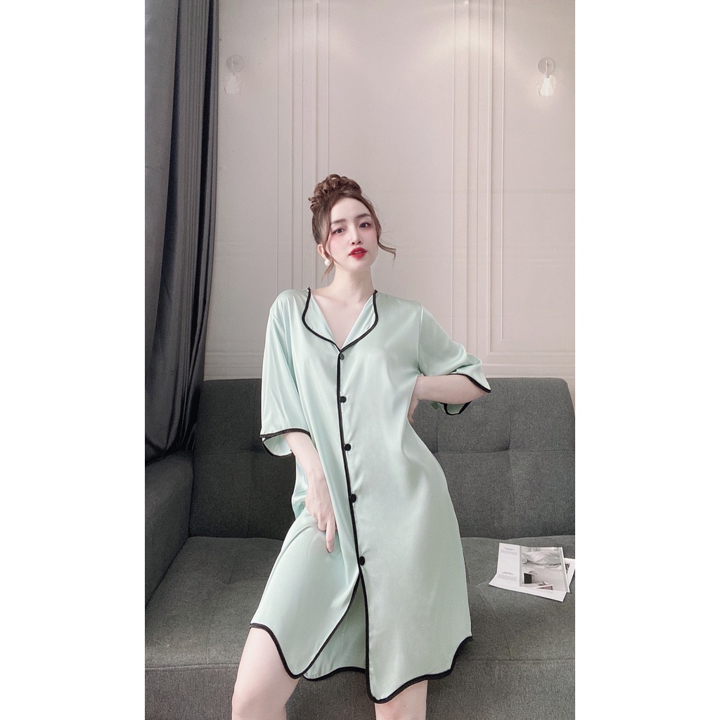 Váy Ngủ Sexy, Áo Sơ Mi Nữ Mặc Ngủ Kèm Quần Chất Lụa Quảng Châu Dưới 70Kg.