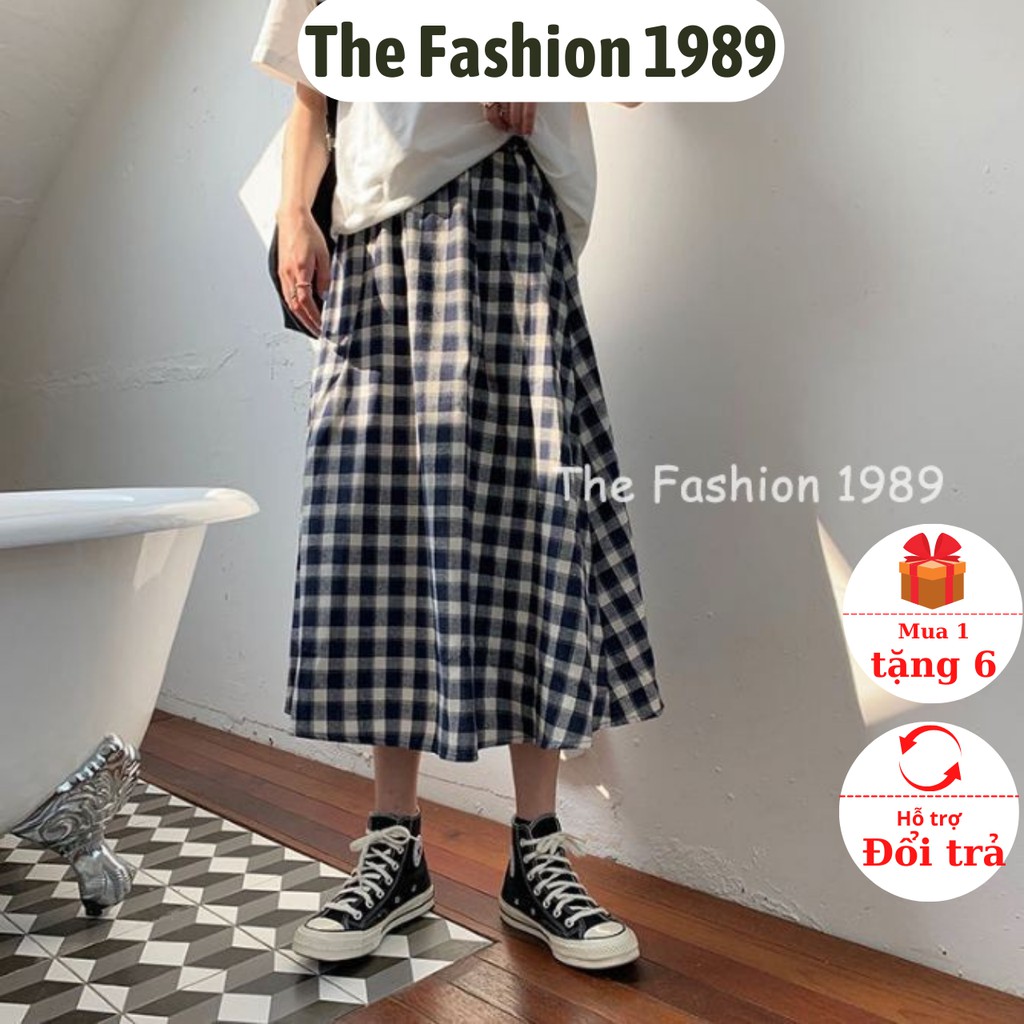 Chân váy dài vintage, chân váy vải thô kẻ ô vuông ulzzang phong cách vintage