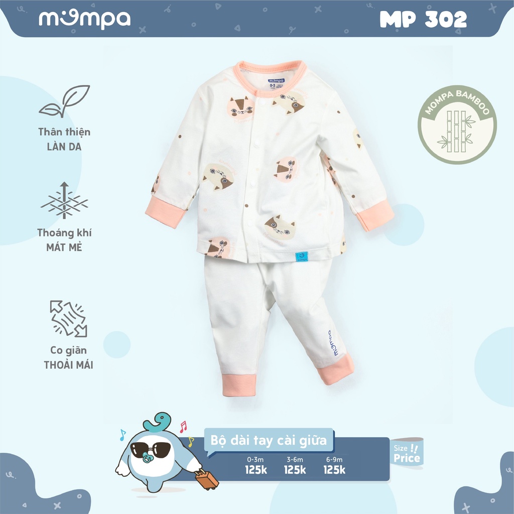 Quần áo em bé từ 0-9M dáng dài tay cài giữa MOMPA MP302 - Chất liệu Bamboo thoáng mát