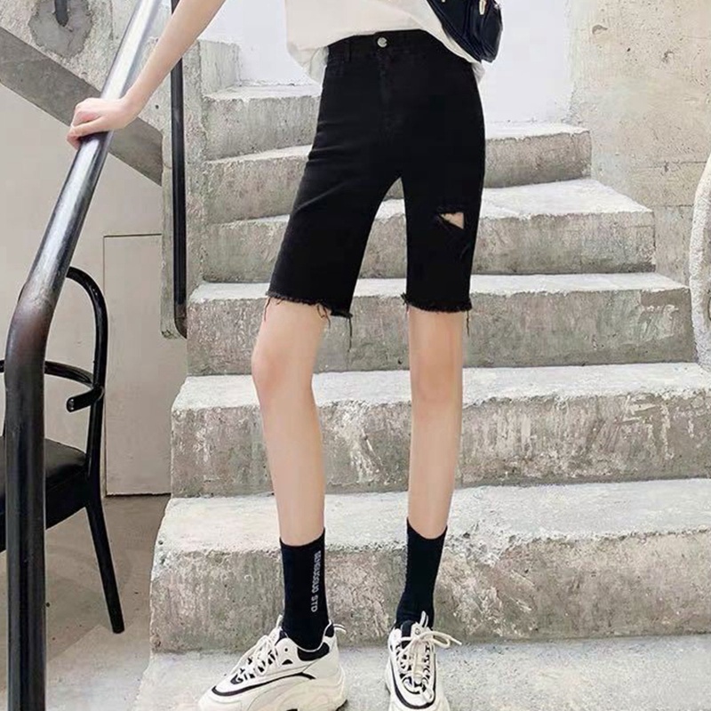 Brroa Quần Short Jean Rách Cạp Cao Ôm Dáng Viền Thô Rách Gối Cổ Điển Dài Đến Đầu Gối Cho Nữ Sh