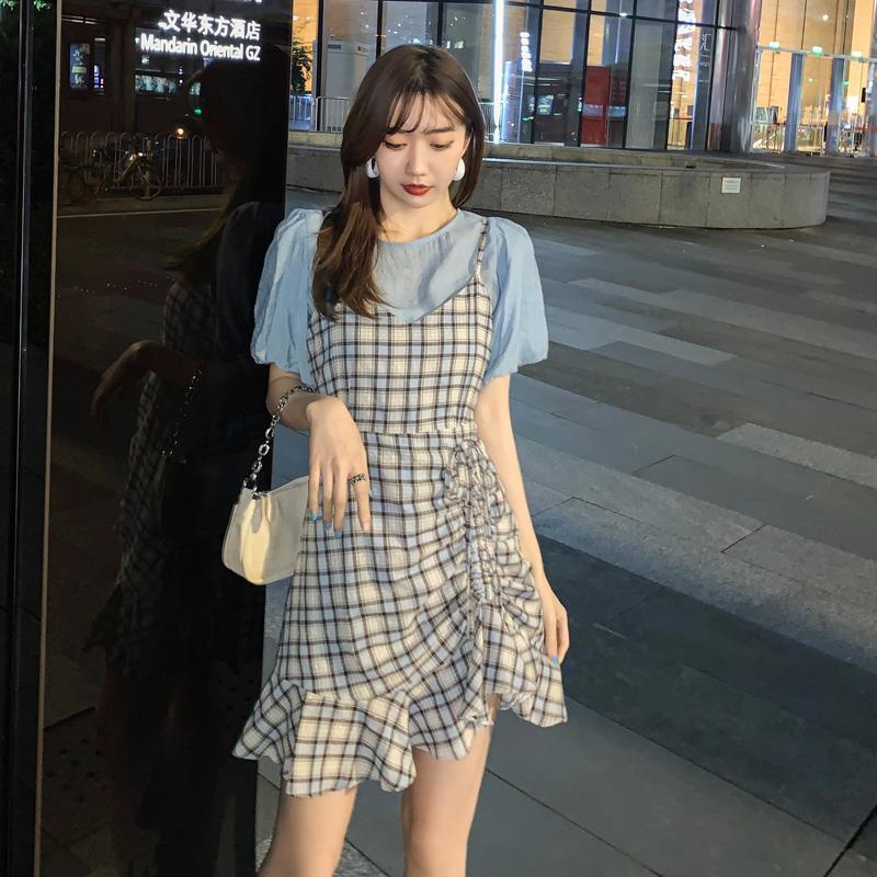 Set Đầm Yếm Tay Ngắn + Áo Tay Phồng Phong Cách Hàn Quốc Mới