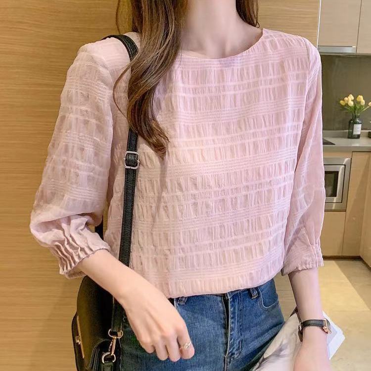 Áo Sơ Mi Chiffon Tay Lửng Cổ Tròn Màu Trơn Thời Trang 2022