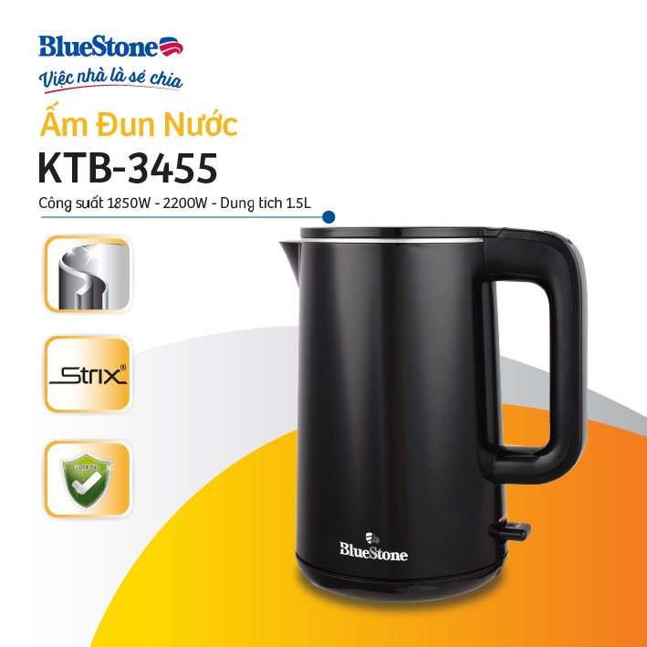 Ấm Đun Siêu Tốc BlueStone KTB-3455 2 Lớp Siêu Bền ( 1.5L - 2200W) - Bảo Hành Chính Hãng 2 Năm