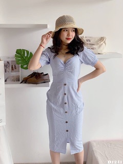 Đầm maxi caro cổ tim nhún nút gỗ
