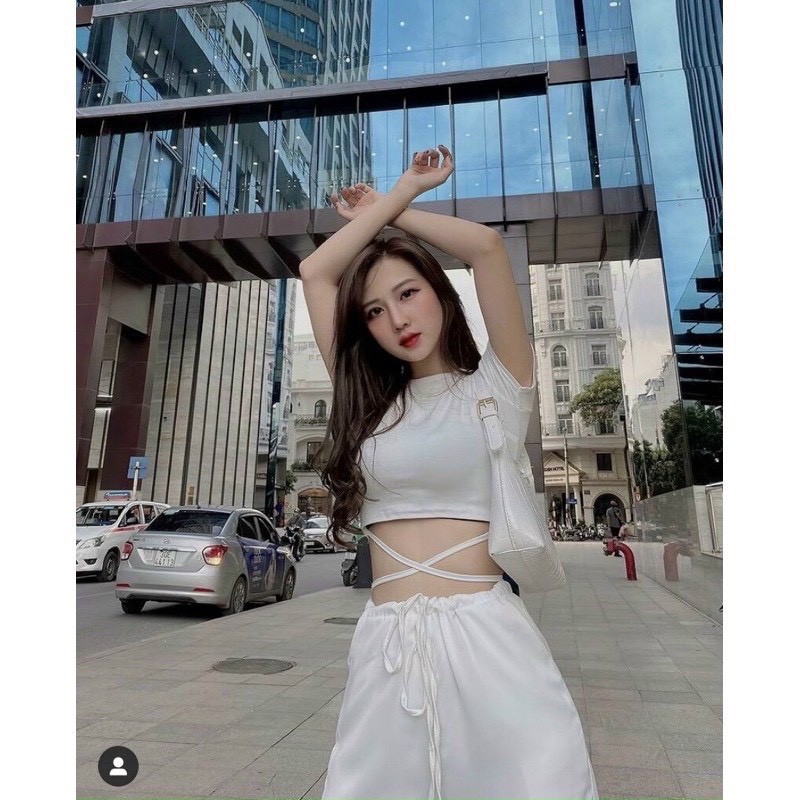 Áo Croptop Tay Ngắn Dây Đan Eo Cá Tính Co Dãn 4 Chiều CR01