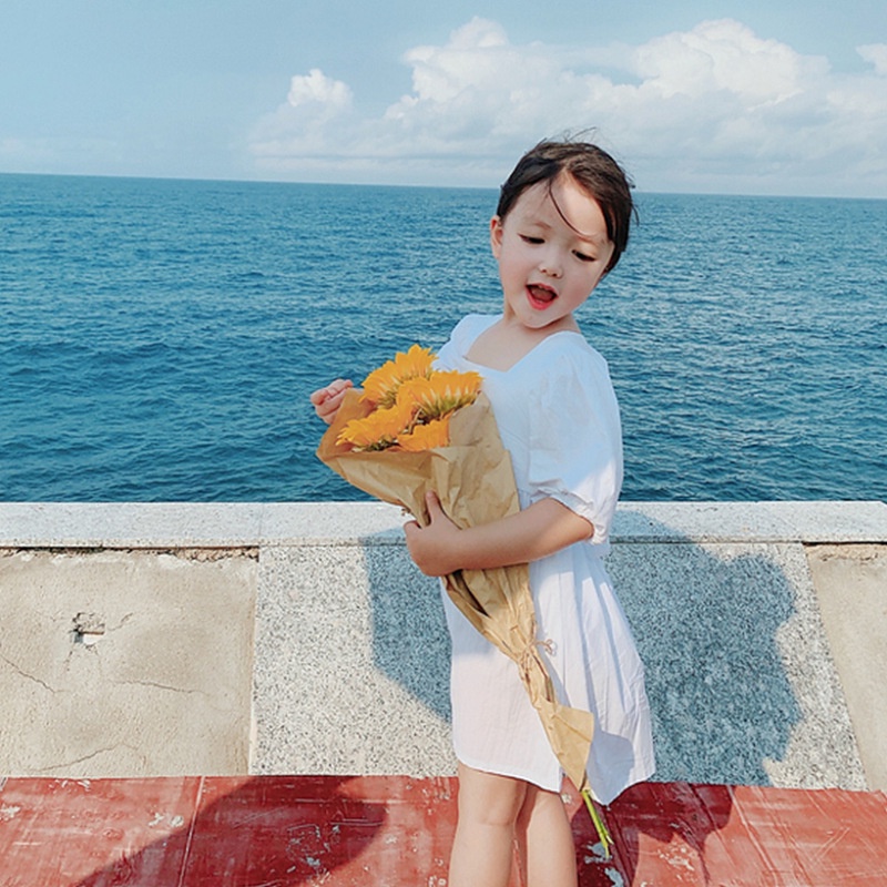 Váy cho bé gái Đầm Công Chúa Tay Phồng Ngắn Hở Lưng Màu Trơn Thời Trang Mùa Hè Cho Bé Gái 1-6 Tuổi