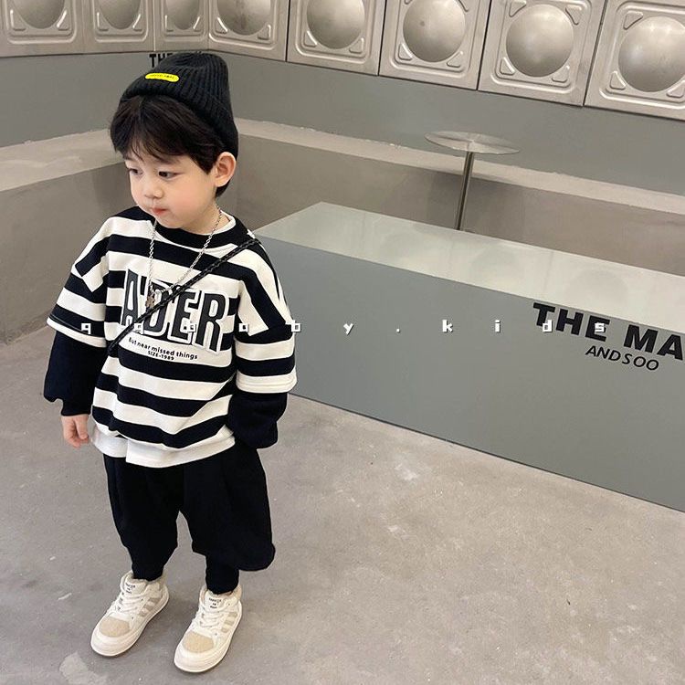 Áo Sweater Giả Hai Mảnh Họa Tiết Kẻ Sọc Phong Cách Phương Tây Thời Trang Xuân Thu Mới Dành Cho Bé Trai Bé Gái