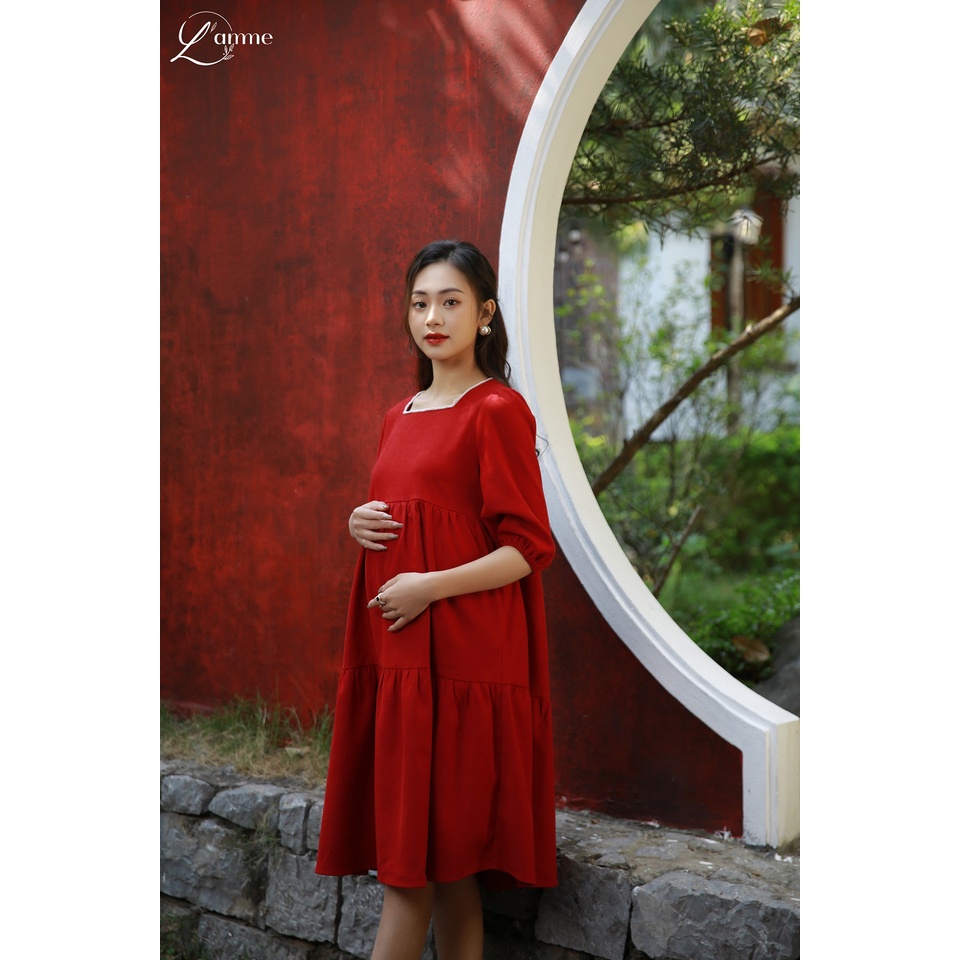 Đầm bầu Somi Dress chất nhung mềm viền cổ ngọc cao cấp thiết kế by LAMME
