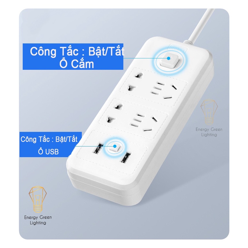 Ổ Cắm Điện Energy Green Lighting Thông Minh Chuyển Đổi Đa Chức Năng OD-318 dây 2m8 -  Chuẩn Sạc An Toàn Chống Giật