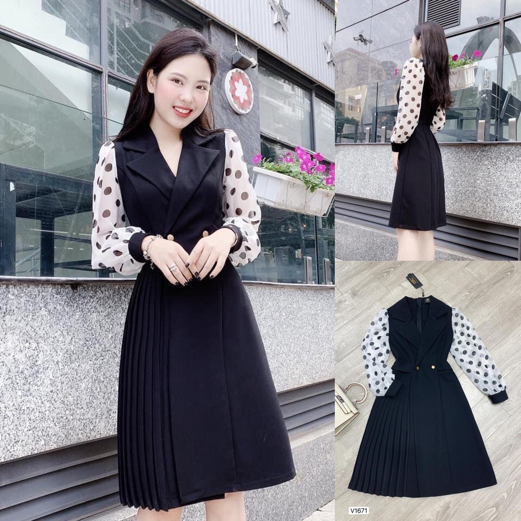 Đầm nữ / Chân váy xếp ly 👗 Đẹp DVC 💕  Đầm cổ vest phối tay dài chấm bi