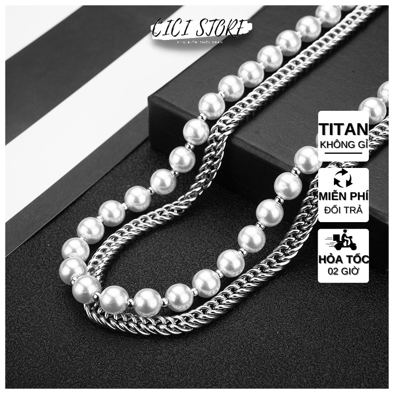 Vòng Cổ Nam Nữ Hiphop Hai Lớp Bằng Titan Không Gỉ Phối Ngọc Trai Nhân Tạo Cuban Cool Ngầu