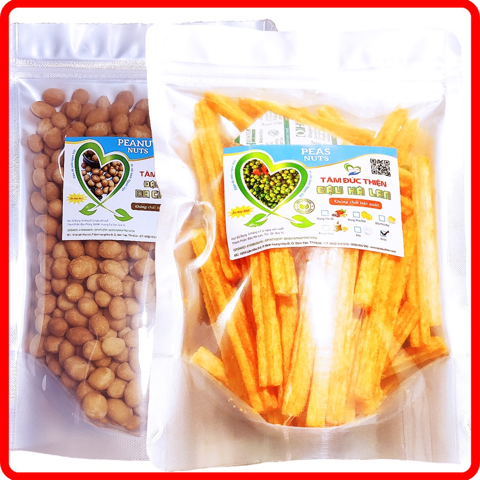 Combo 2 Túi: Đậu Phộng Da Cá Cacao 500GR và Túi Bánh Khoai Tây Phô Mai Que &amp; Đậu Hà Lan 205GR Tâm Đức Thiện