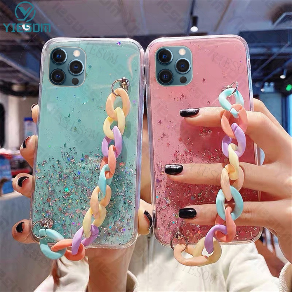 Ốp Điện Thoại Silicon Dẻo Trong Suốt Họa Tiết Cầu Vồng Kèm Dây Đeo Tay Cho iPhone 13 12 11 Pro Max