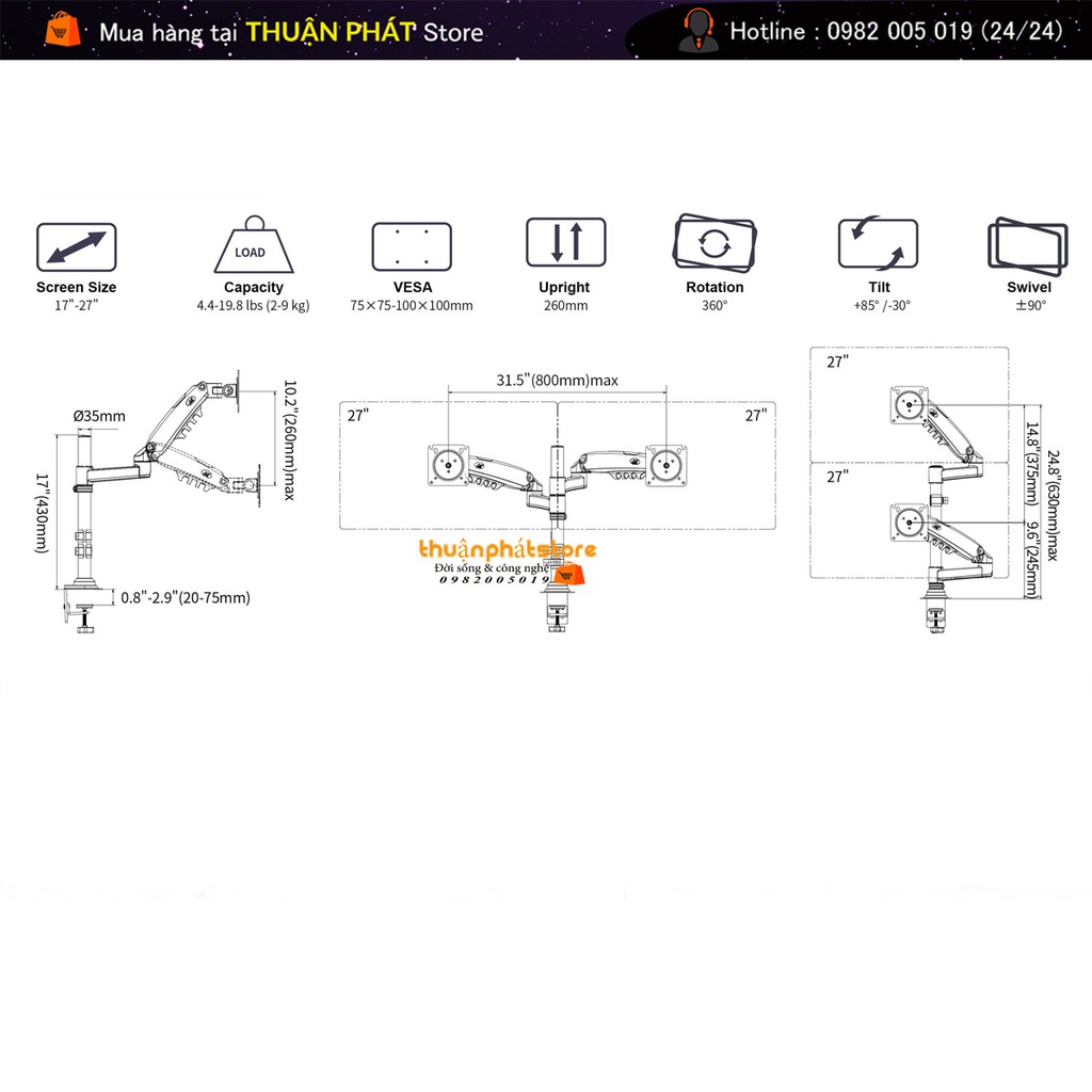 [MODEL MỚI] GIÁ TREO MÀN HÌNH KÉP NB-H160 - TẢI TRỌNG 9KG - XOAY MÀN 360 ĐỘ