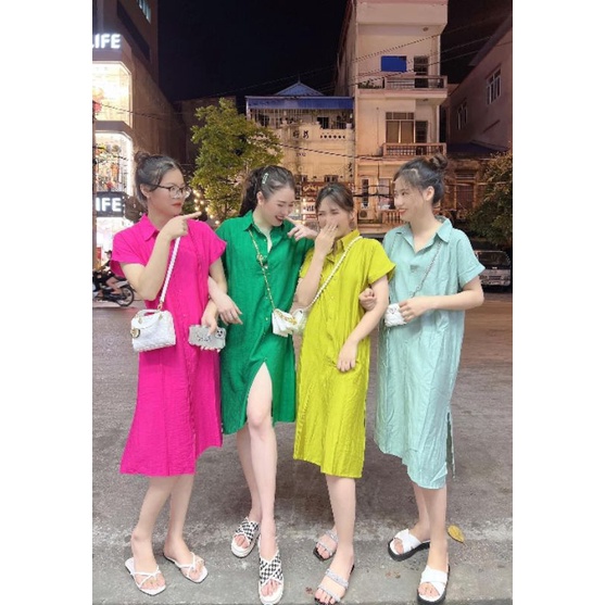 Váy sơ mi đũi trơn dáng dài bốn màu hồng, vàng, xanh lá, xanh ngọc