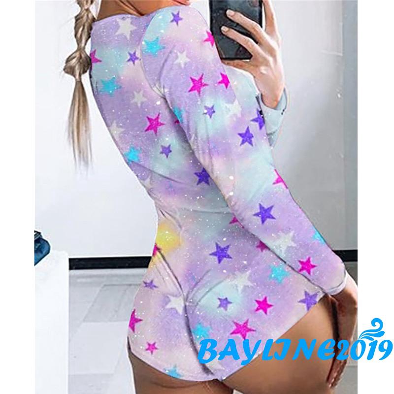 Jumpsuit Tay Dài Cổ Chữ V Hoạ Tiết Trăng Sao Thiết Kế Ôm Sát Tôn Dáng
