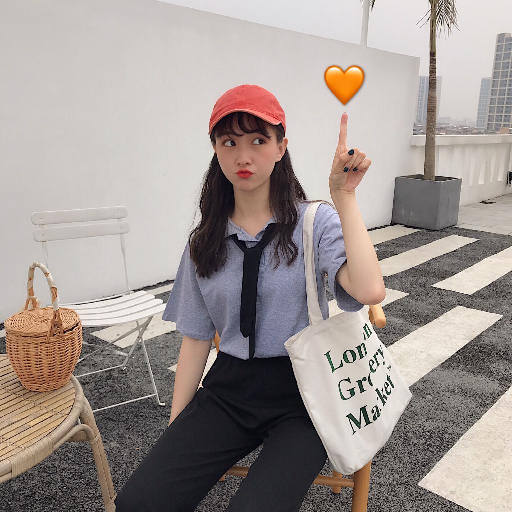 Fashion Korean Áo thun polo Loose Chic Solid Color Retro ngọn(Include Tie)