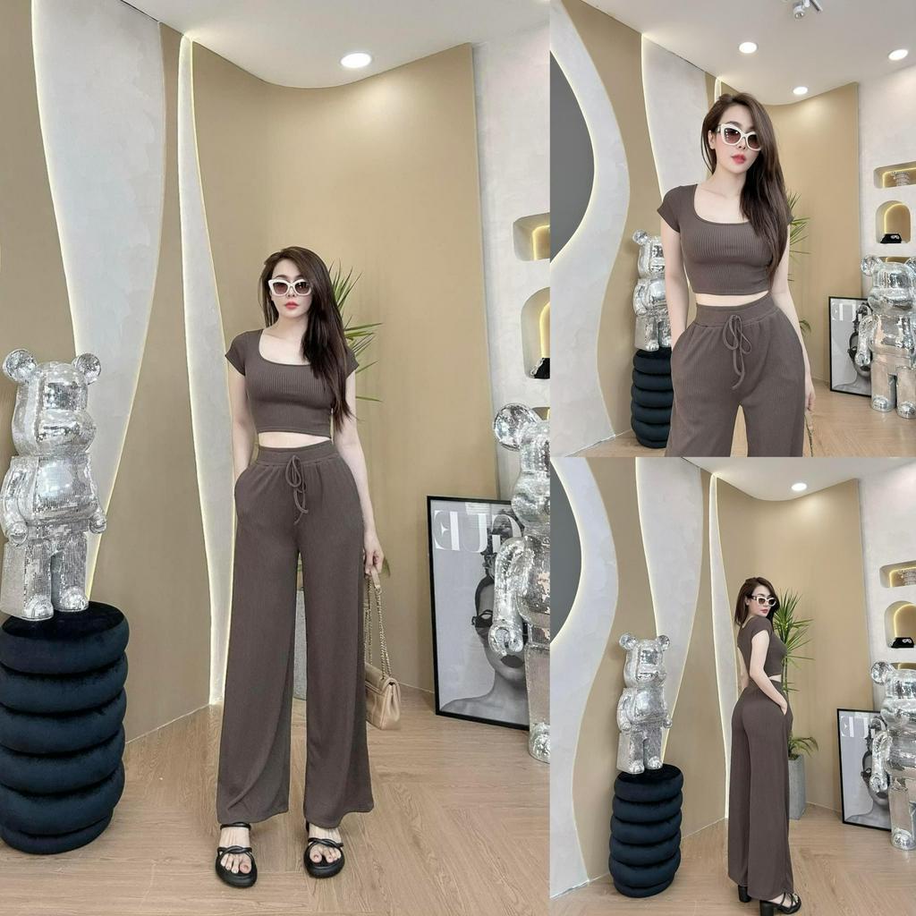 Set đồ bộ nữ đồ ngủ tay ngắn quần dài ống rộng mặc ở nhà dạo phố