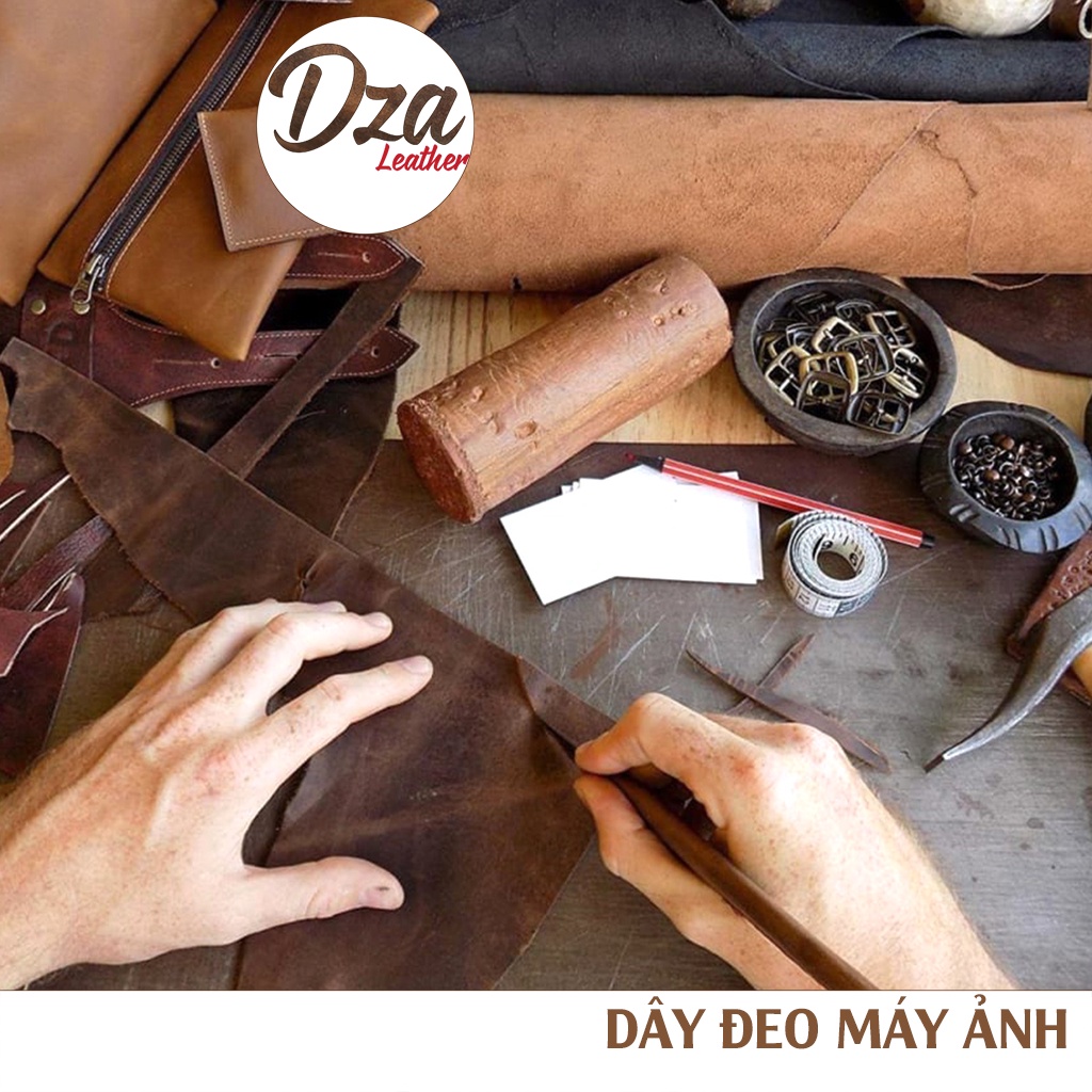 Dây đeo máy ảnh cổ tay da bò handmade dài 19cm dùng cho DSLR, compact Dza leather 3 màu lựa chọn