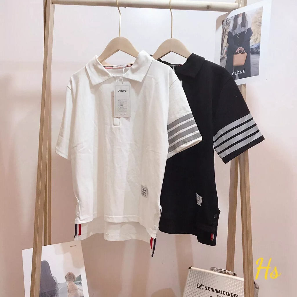 Áo PoLo Cổ Bẻ Sọc 4 Vạch Cánh Tay Nam Nữ Unisex - đen + trắng, phông Cotton mềm mịn mùa Hè Hottrend 2022
