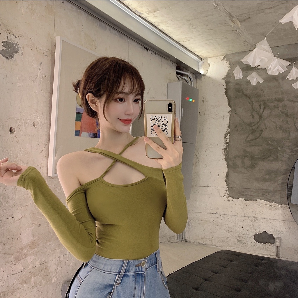 Áo thun COZOKC tay dài trễ vai dáng ôm thời trang quyến rũ cho nữ