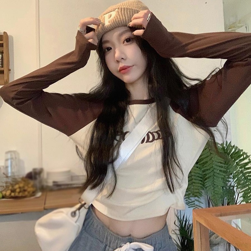 Áo Thun Crop Top Tay Dài Hở Vai Màu Sắc Tương Phản Phong Cách Hàn Quốc Dành Cho Nữ