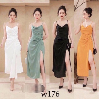 Đầm dạ hội 2s cổ đỗ xoắn eo xẻ tà kèm mút + Ảnh thật