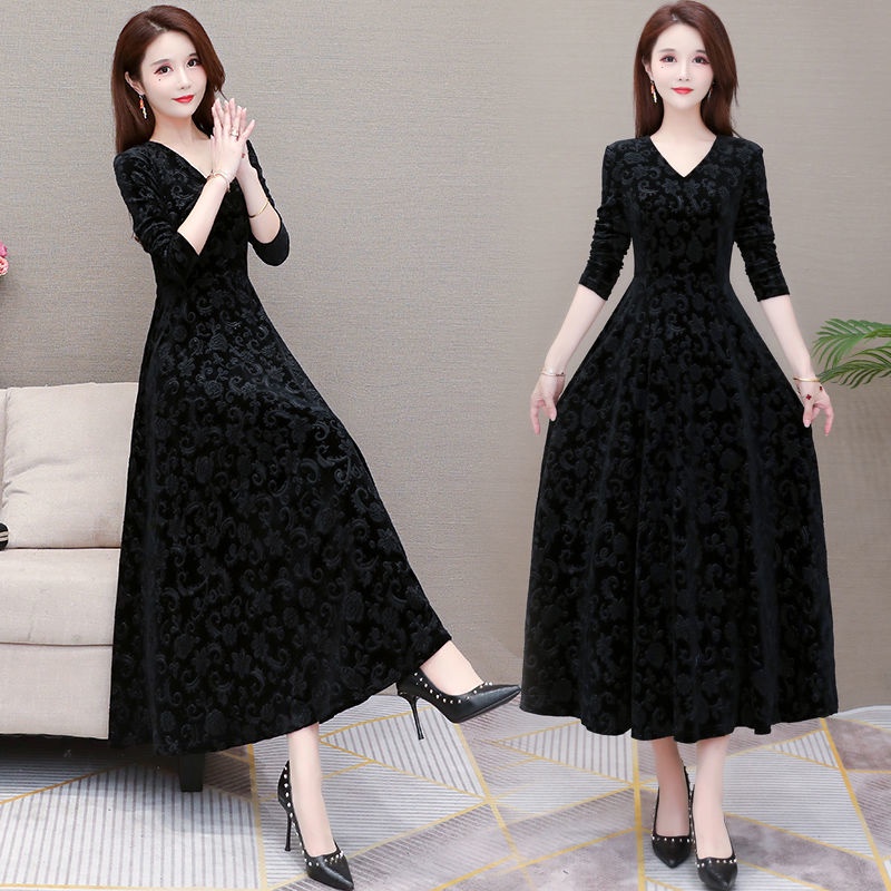 Đầm Nhung Tay Dài Dáng Chữ A Ôm Eo Thời Trang Mùa Thu Phong Cách Cổ Điển