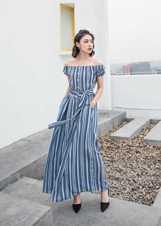 Váy maxi trễ vai kẻ sọc [ hàng order ]