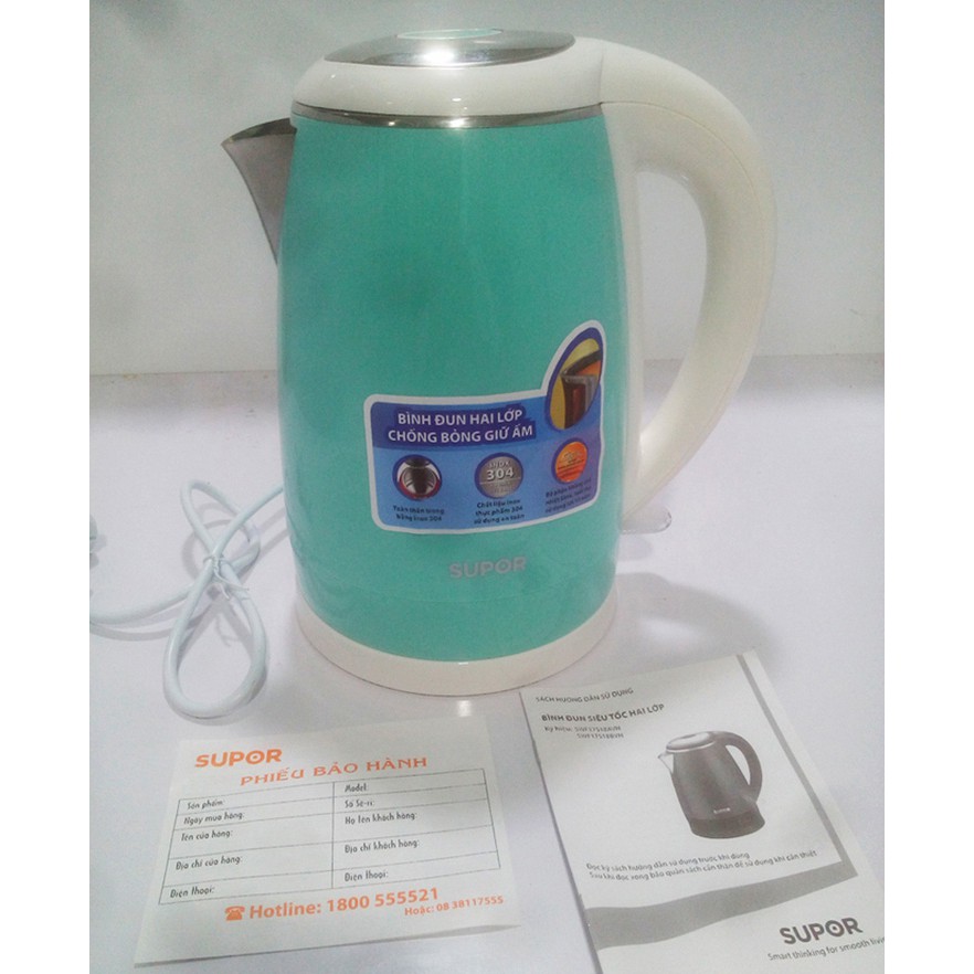 Ấm đun nước siêu tốc 2 lớp chống bỏng 1,7 Lít Supor SWF17S18BVN inox 304 an toàn sức khỏe