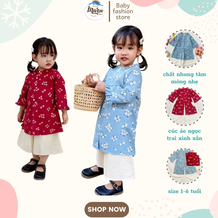 Set áo dài cách tân MARUHOUSE áo bà ba kèm quần trắng ống rộng vải nhung tăm cao cấp hình hoa nhí xinh xắn