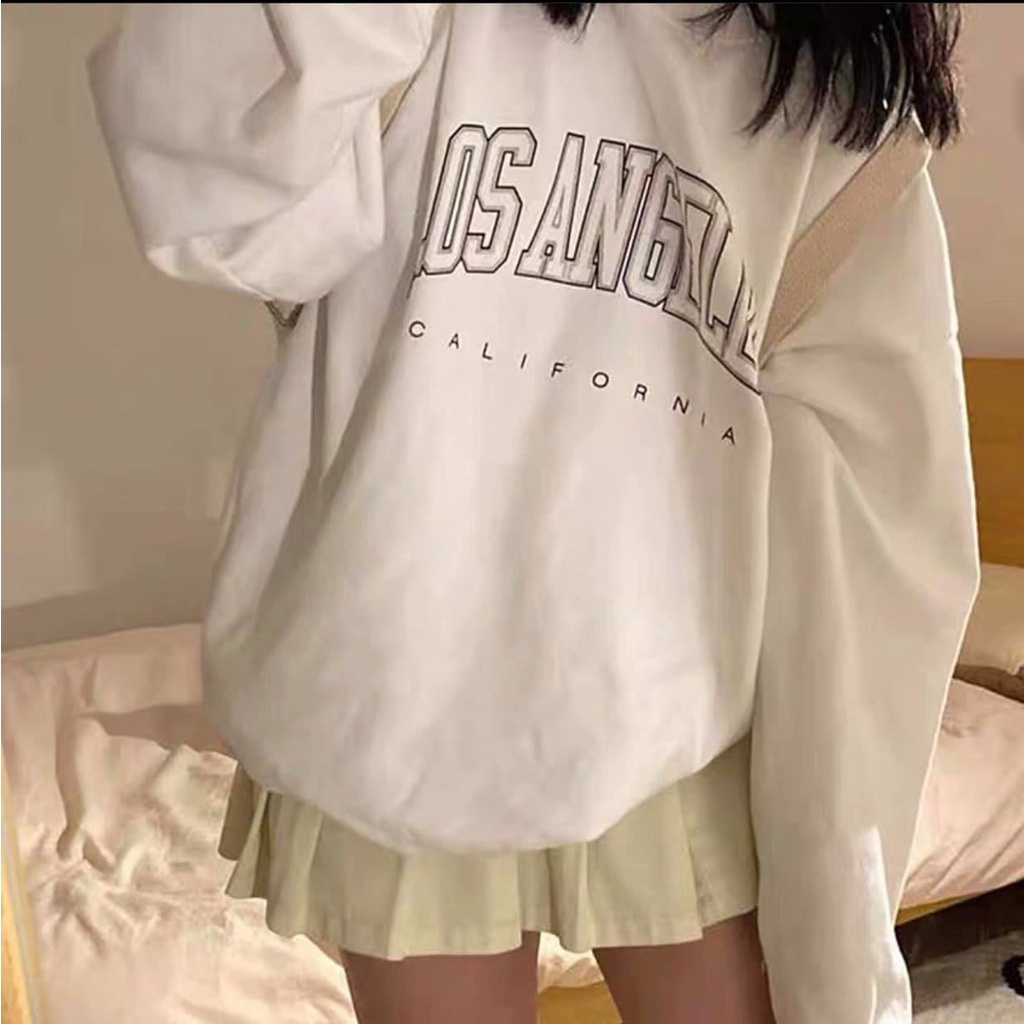 Áo nỉ bông sweater form rộng tay dài nam nữ cổ tròn mặc đôi hàn quốc 2 màu trắng xanh LOS ANGLES Unisex Ulzzang | BigBuy360 - bigbuy360.vn