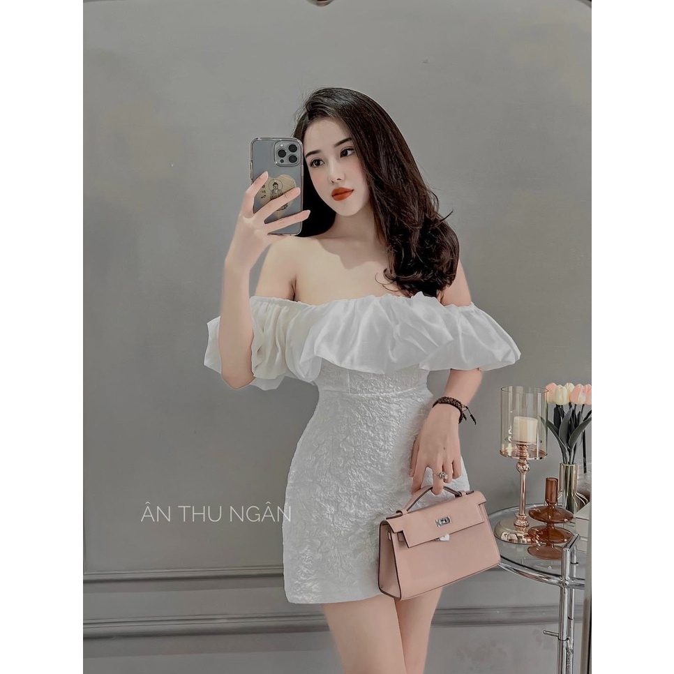 [10.10 Sales Freeship] Đầm công chúa đi tiệc, đầm gấm dáng ngắn trễ vai bèo 2 màu trắng đen sang trọng, quyến rũ