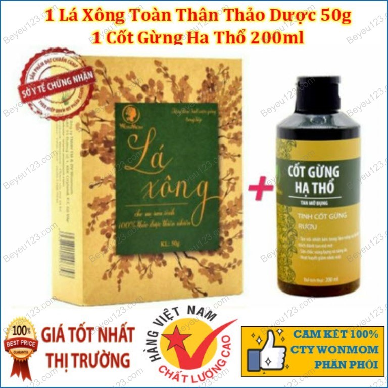 Bộ Xông Tắm cho Mẹ Sau Sinh Wonmom (1 chai Cốt Gừng Hạ Thổ Và 1 hộp Lá Xông) CW