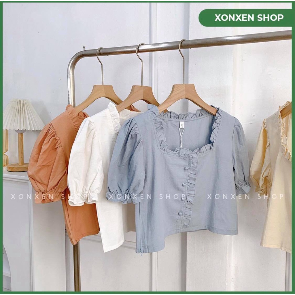 Áo kiểu nữ áo kiểu cổ vuông viền bèo tiểu thư XONXEN SHOP QUY NHƠN freesize mã 3357