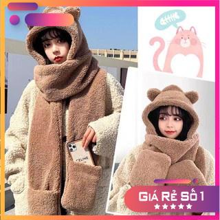 Mũ lông cừu tai gấu liền khăn quàng cổ có bao tay đeo xịn sò