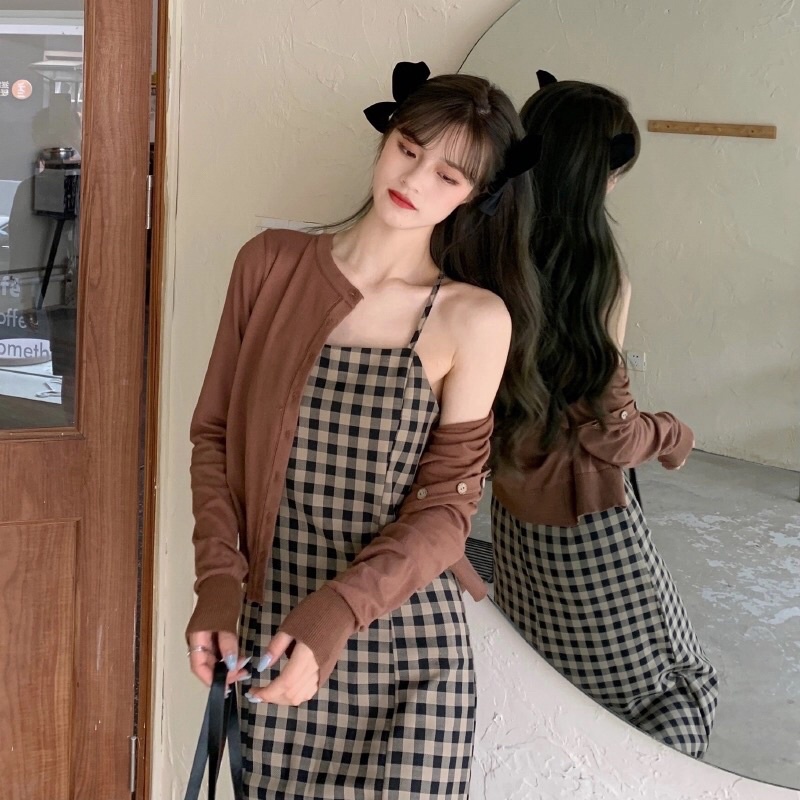 Váy hai dây kẻ nâu dáng dài kiểu dáng vintage Linzstore V165