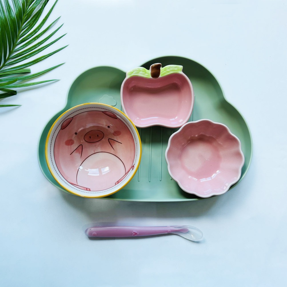 Combo Bát Đĩa Ăn Dặm Chất Liệu Gốm Sứ Kèm Khay Và Thìa Màu Sắc Đáng Yêu Ngộ Nghĩnh YOOTA BABY