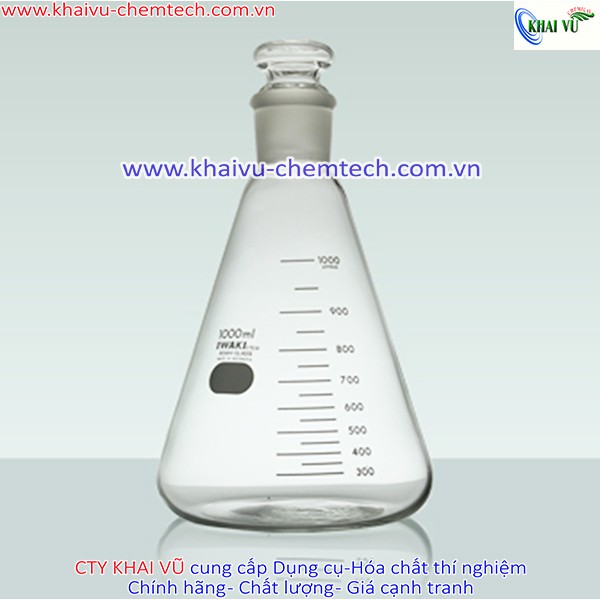 [HÃNG IWAKI - NHẬT] Bình tam giác Erlenmeyer thủy tinh chịu nhiệt 500ml 1000ml CÓ NÚT NHÁM KÈM